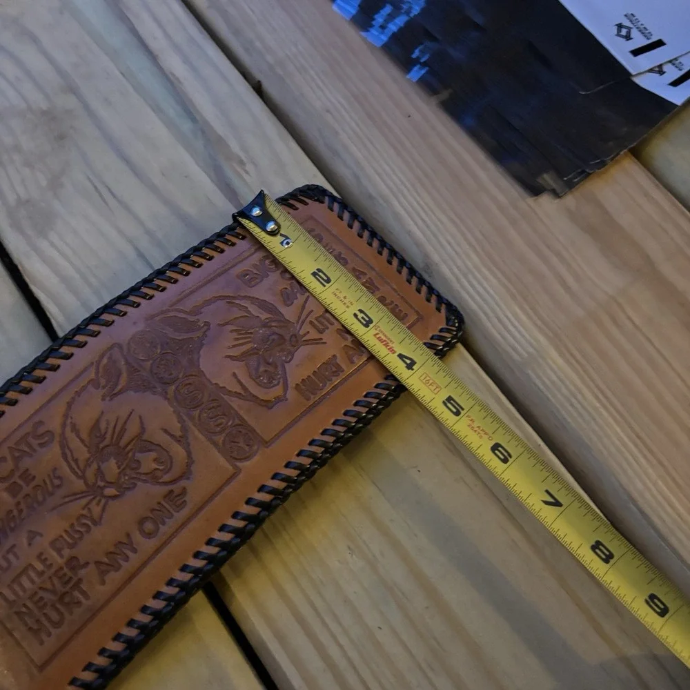 Handmade Leather Wallet Big Cats Can Be Dangerous Whipstitch Bi Fold USA Made